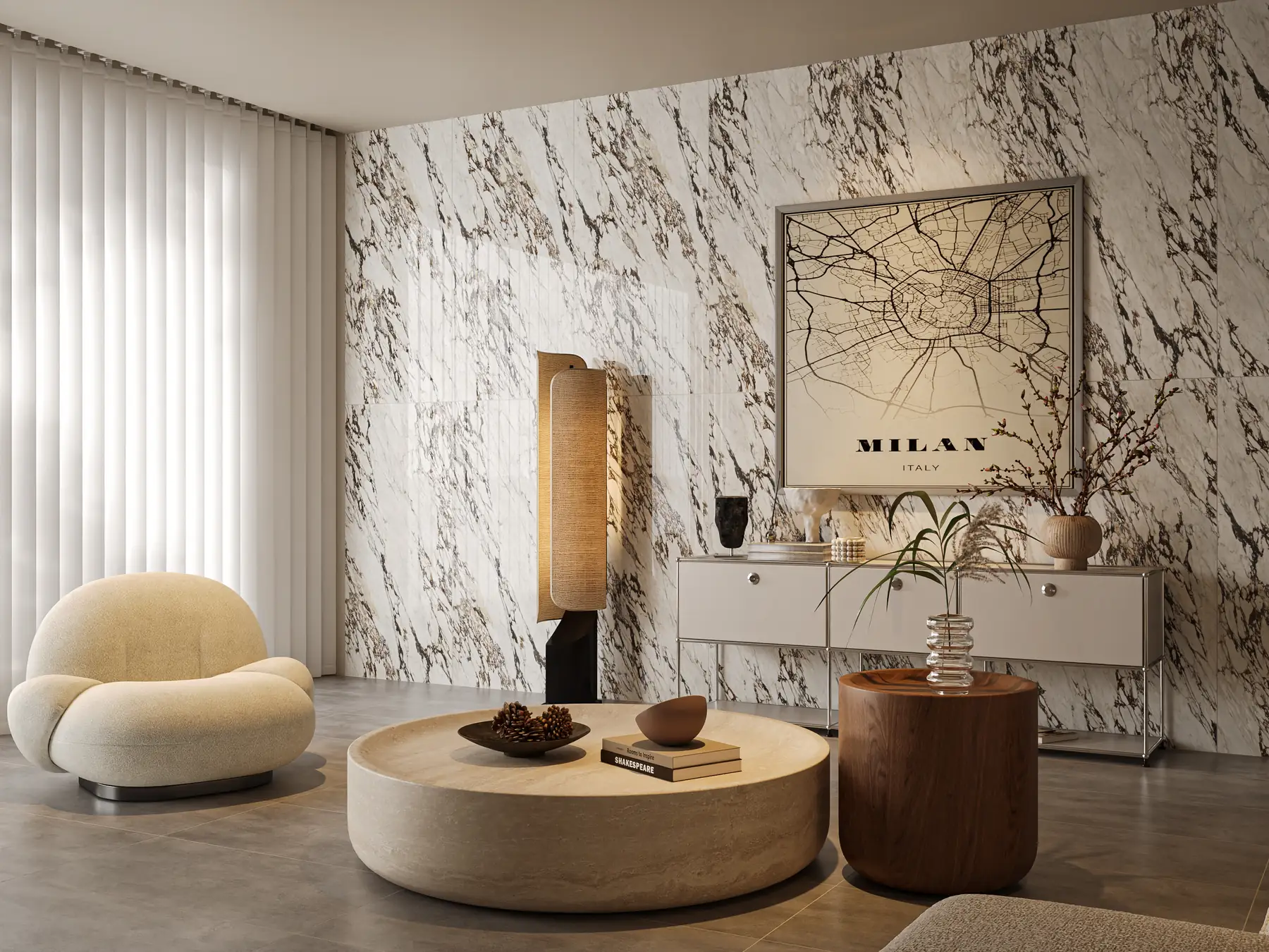 Không gian nội thất hoàn thiện bằng gạch vân đá Travertine