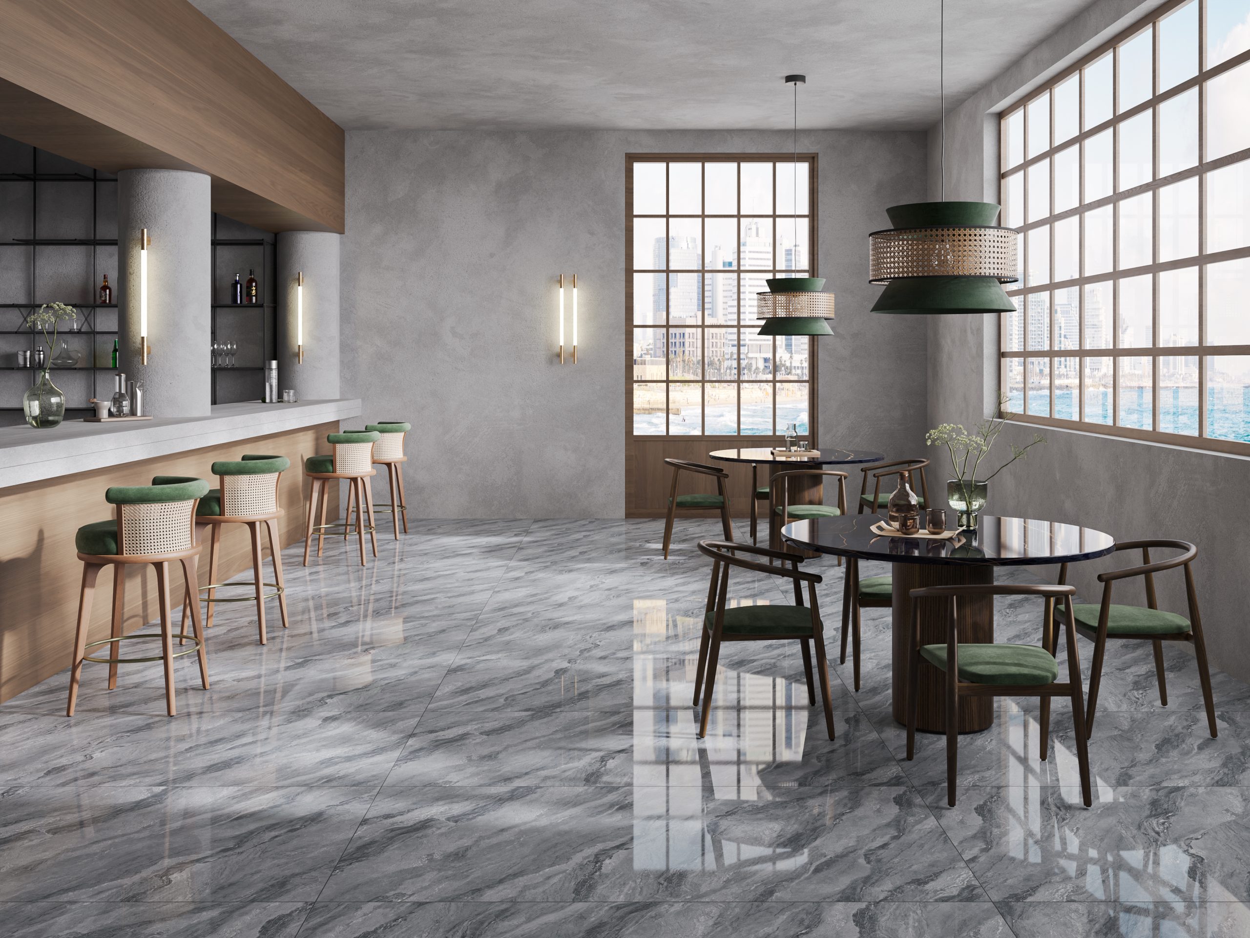 Corridor paved with 900×1800mm Travertine 9761 tiles