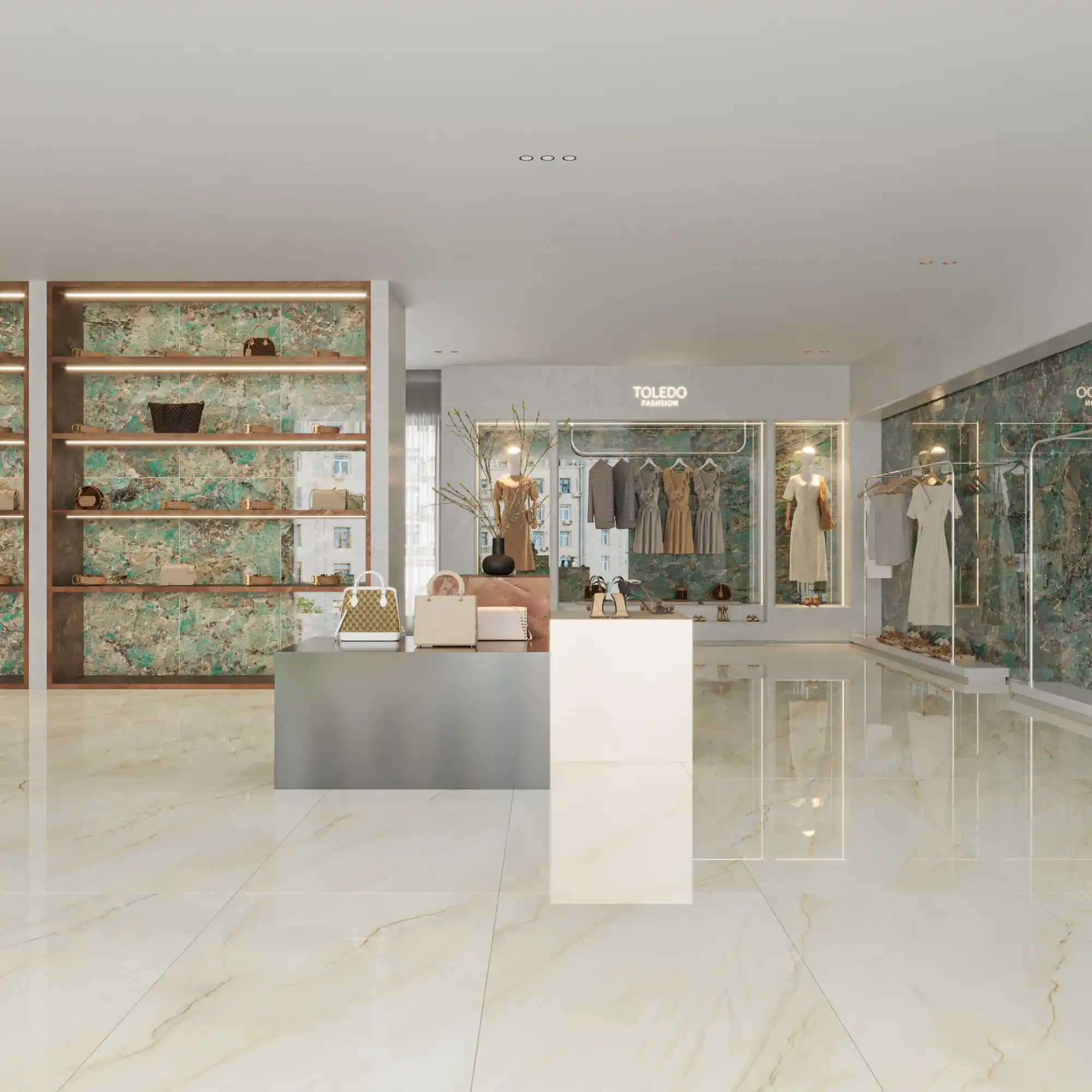 Hành lang lát gạch Travertine 9761 khổ 900×1800mm