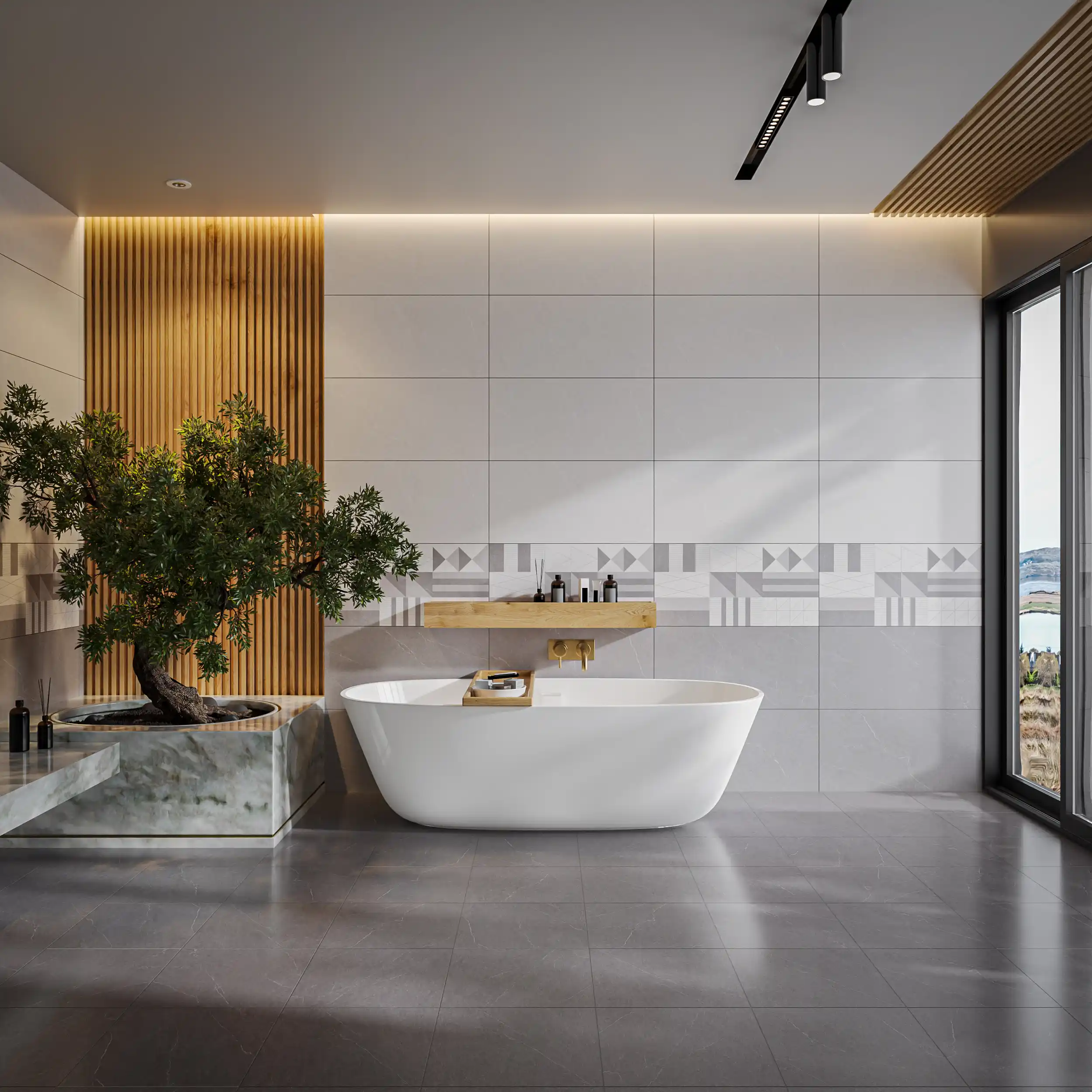 Hành lang lát gạch Travertine 9761 khổ 900×1800mm